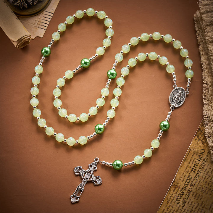 SolaceBeads Pale Green Beads &amp; Emerald Pearls Artistic Rosary: Faith Within Thankful Prayers - image 2