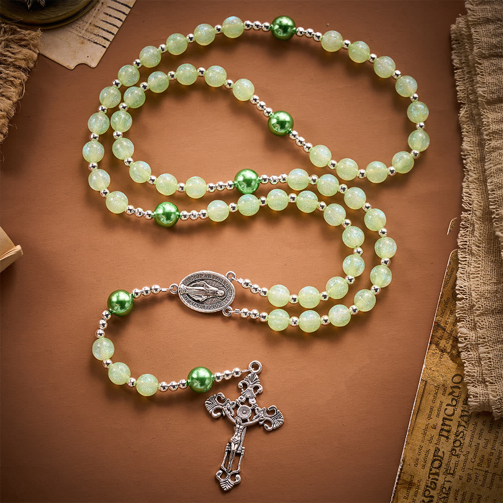 SolaceBeads Pale Green Beads &amp; Emerald Pearls Artistic Rosary: Faith Within Thankful Prayers - image 7