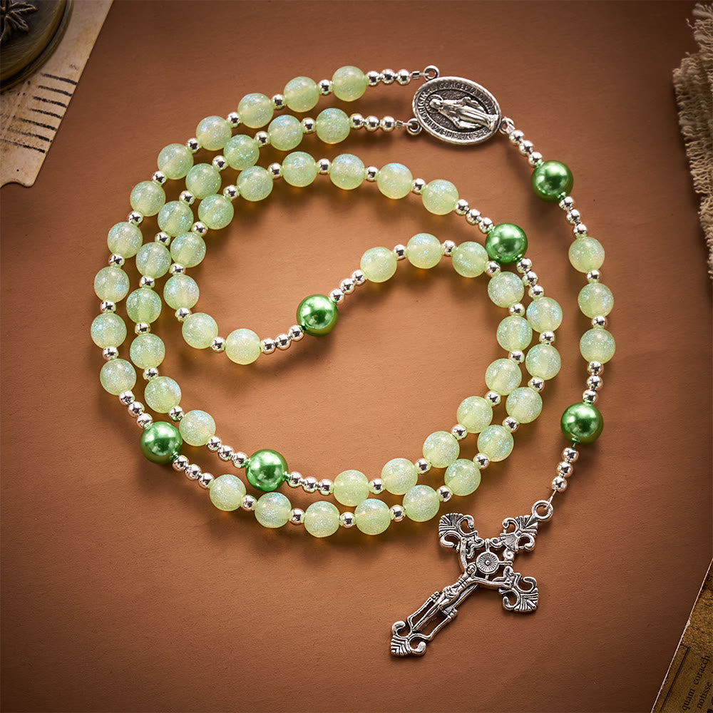 SolaceBeads Pale Green Beads &amp; Emerald Pearls Artistic Rosary: Faith Within Thankful Prayers - Green - image 0