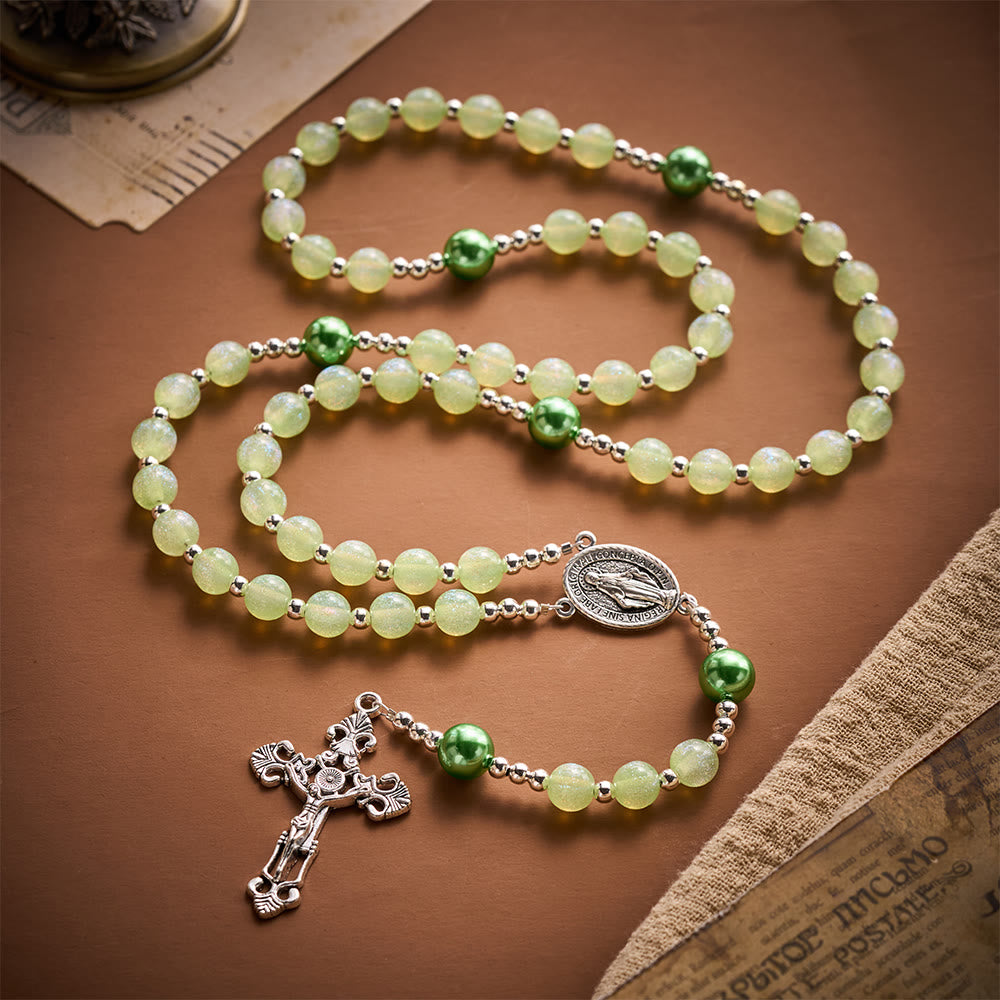 SolaceBeads Pale Green Beads &amp; Emerald Pearls Artistic Rosary: Faith Within Thankful Prayers - image 8