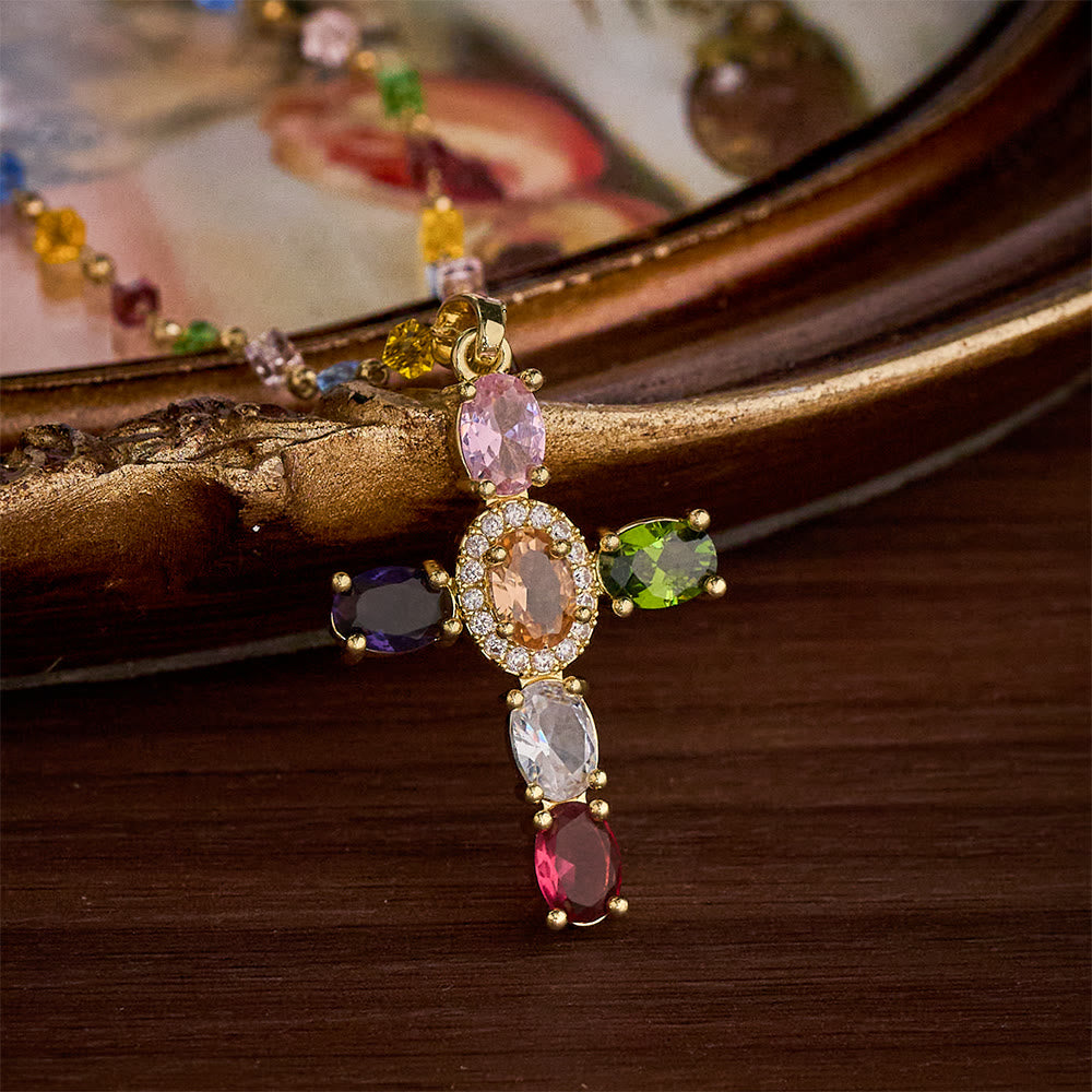 SolaceBeads Colorful Gemstone Cross Pendant Necklace:Jewelry Gift for Women - Multicolor - image 0