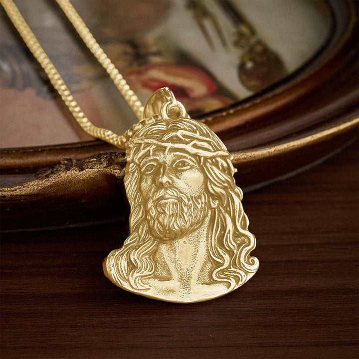 SolaceBeads Jesus Head Pendant Necklace With Crown of Thorns: Sacred Devotion in Vintage Grain - Gold - image 1