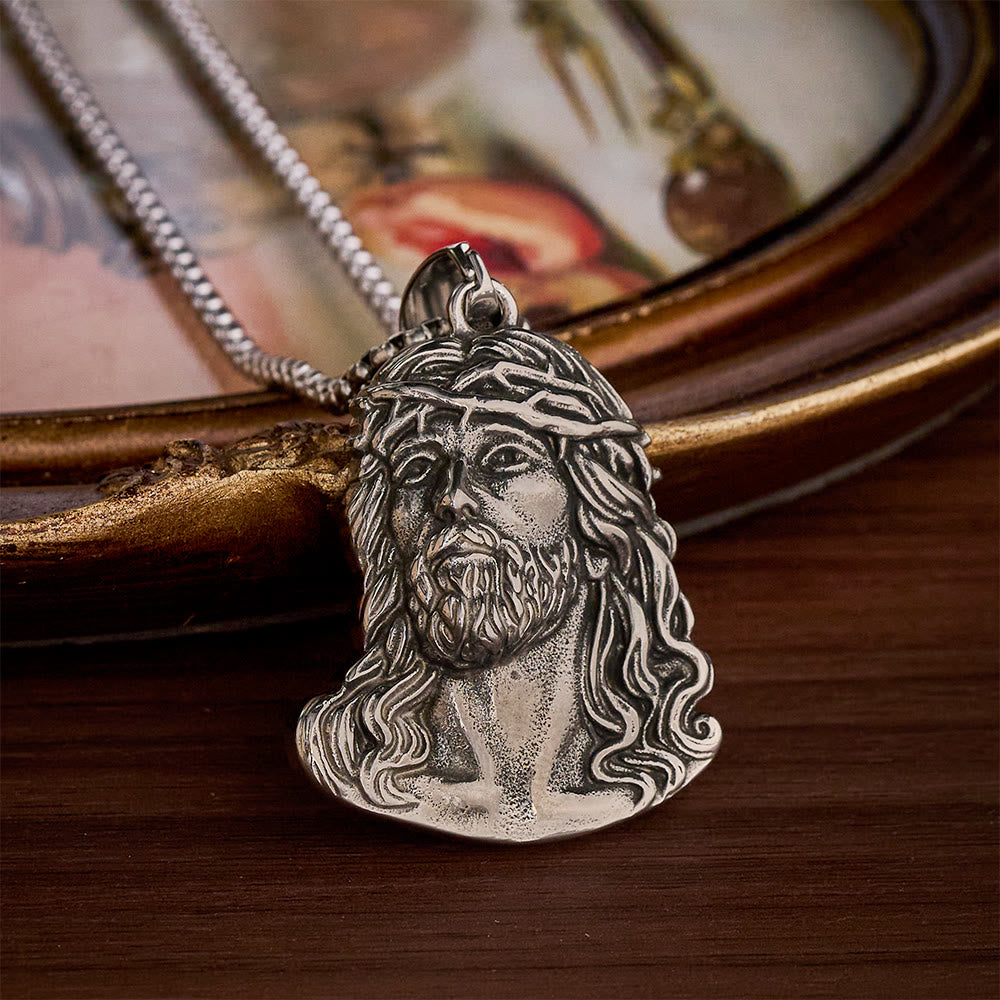 SolaceBeads Jesus Head Pendant Necklace With Crown of Thorns: Sacred Devotion in Vintage Grain - Steel - image 0