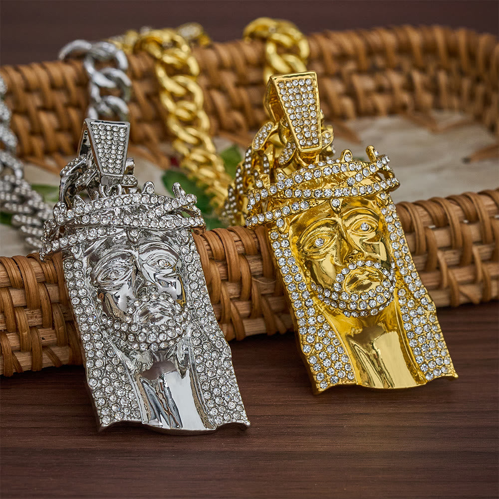 SolaceBeads Gold &amp; Silver Iced Out Holy Face Of Jesus Necklace: Christ&