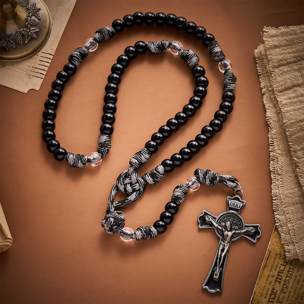 SolaceBeads Black &amp; Clear Beads Artistic Rosary: Paracord St.Benedict Crucifix for Daily Prayer - image 3