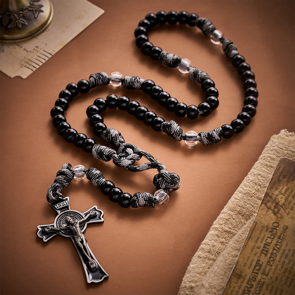 SolaceBeads Black &amp; Clear Beads Artistic Rosary: Paracord St.Benedict Crucifix for Daily Prayer - image 2
