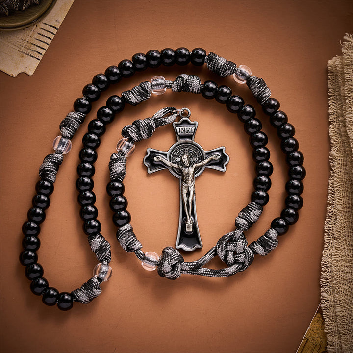 SolaceBeads Black &amp; Clear Beads Artistic Rosary: Paracord St.Benedict Crucifix for Daily Prayer - Black - image 0