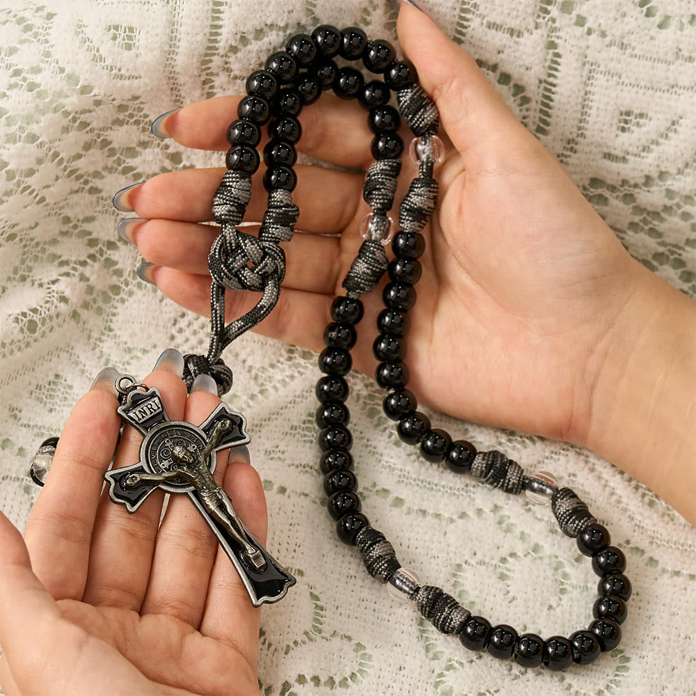SolaceBeads Black &amp; Clear Beads Artistic Rosary: Paracord St.Benedict Crucifix for Daily Prayer - image 1
