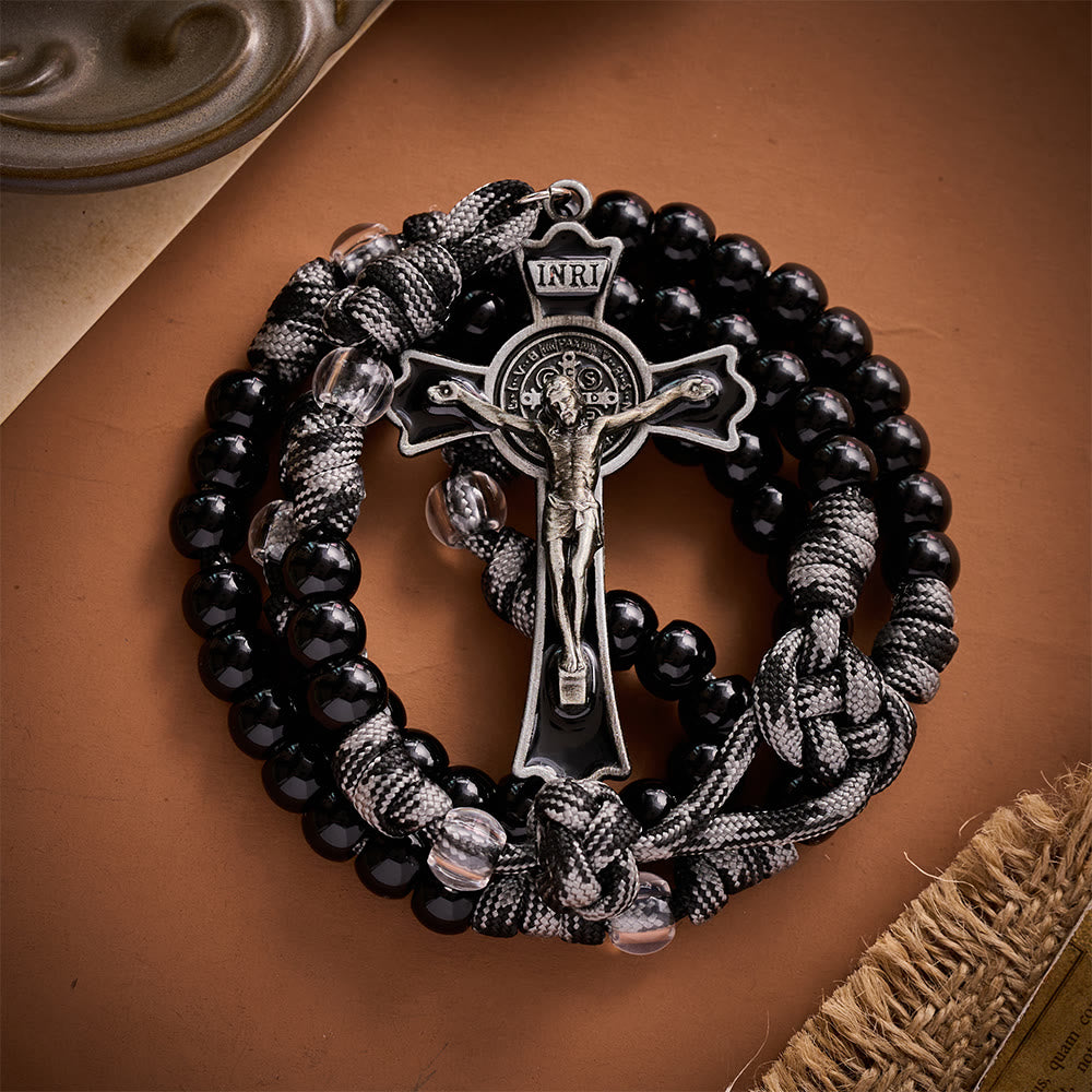 SolaceBeads Black &amp; Clear Beads Artistic Rosary: Paracord St.Benedict Crucifix for Daily Prayer - image 7