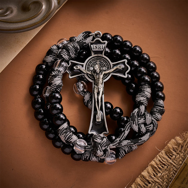 SolaceBeads Black &amp; Clear Beads Artistic Rosary: Paracord St.Benedict Crucifix for Daily Prayer - image 7