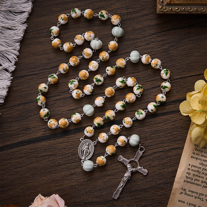 SolaceBeads Floral Ceramic &amp; Pumpkin Beads Floral Rosary: Grace for Your Harvest Prayer - Orange &amp; Green - image 0