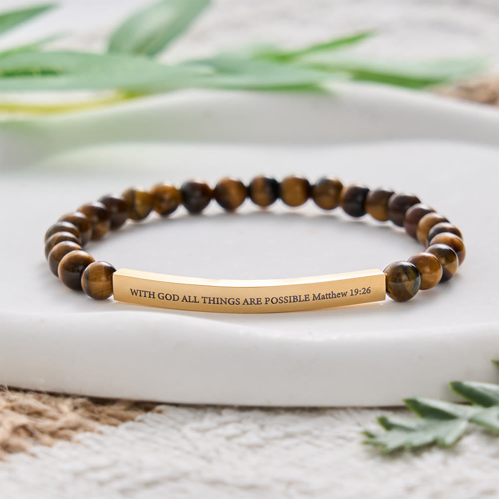 SolaceBeads Tiger Eye Beads Bracelet: WITH GOD ALL THINGS ARE POSSIBLE Matthew 19:26, Fearless Faith - Tiger&