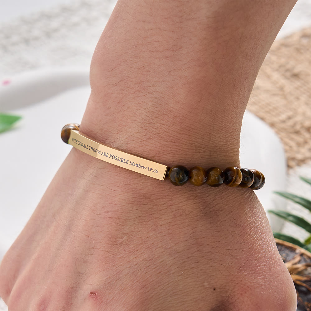 SolaceBeads Tiger Eye Beads Bracelet: WITH GOD ALL THINGS ARE POSSIBLE Matthew 19:26, Fearless Faith - image 1