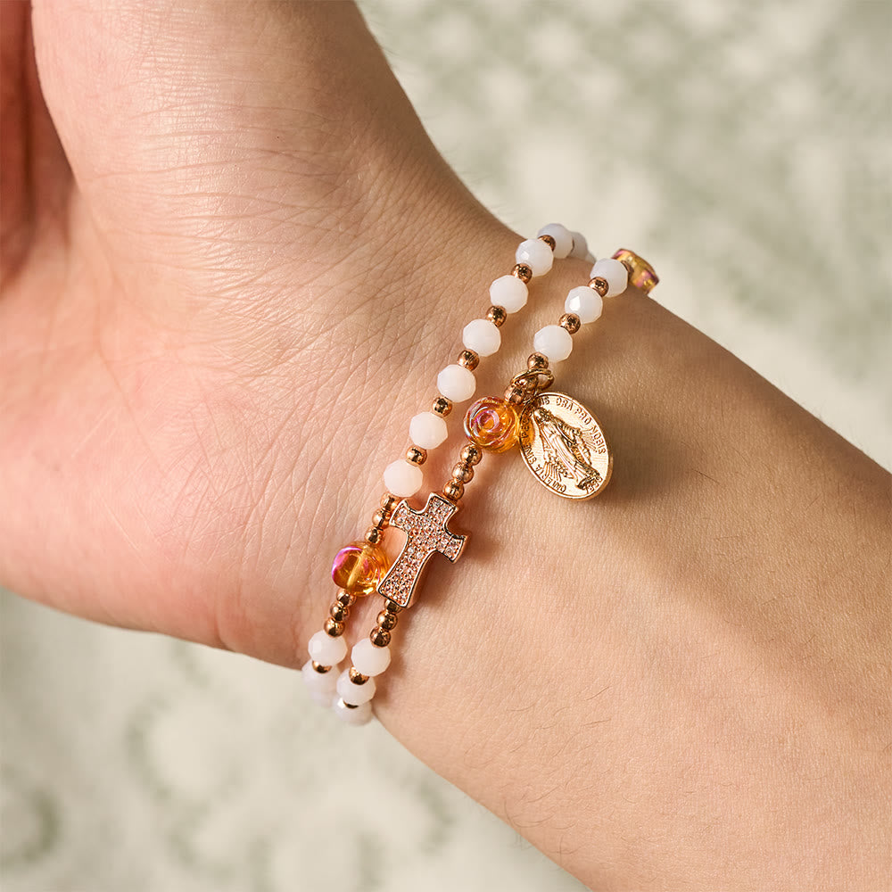 SolaceBeads White Crystal, Rose‑Red Rose Rosary Bracelet &amp; Miraculous Medal: Soft Autumn Devotion - image 6