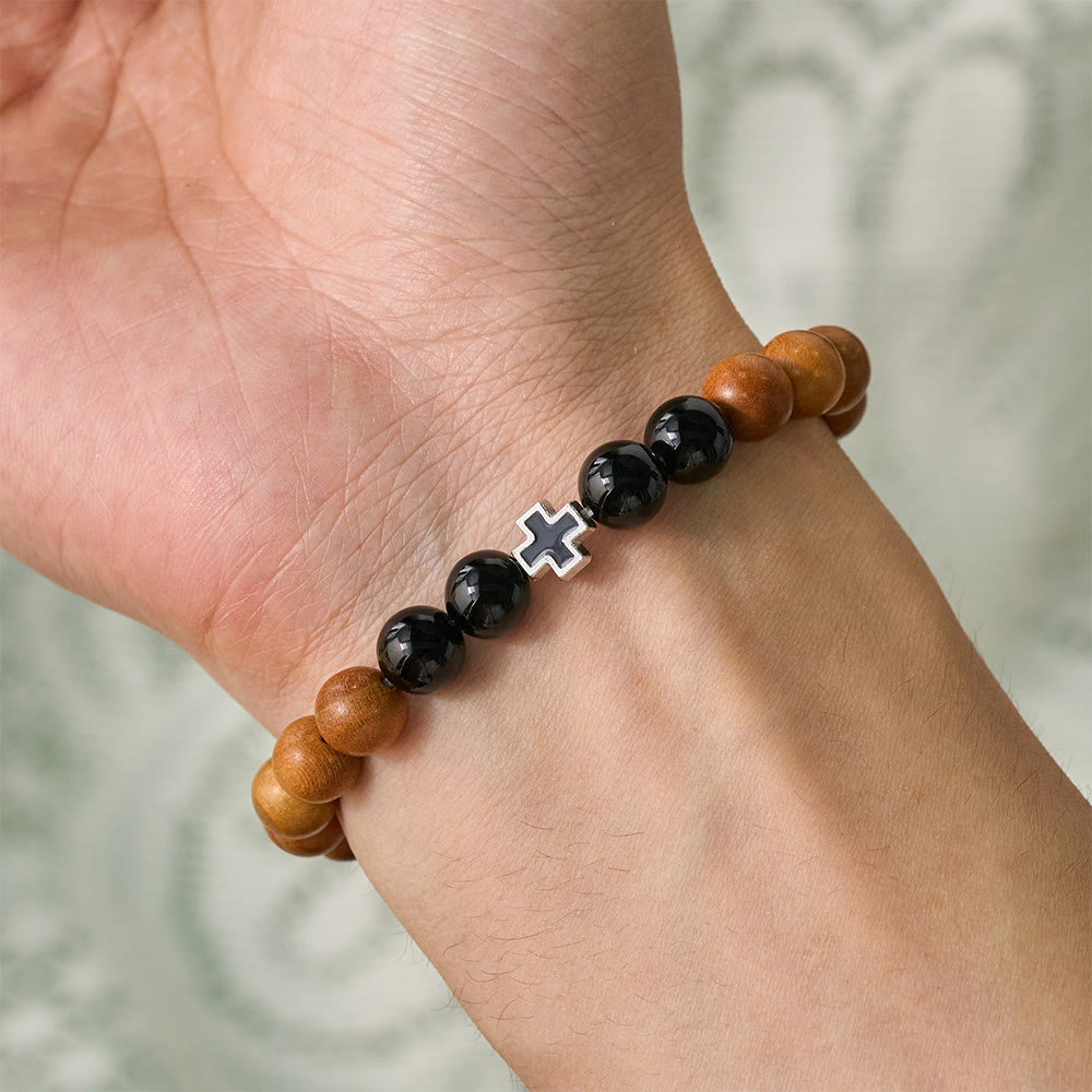 SolaceBeads Peach Wood &amp; Onyx Bracelet: Cross Accent for Steadfast Belief - image 1