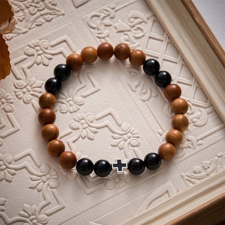 SolaceBeads Peach Wood &amp; Onyx Bracelet: Cross Accent for Steadfast Belief - image 2