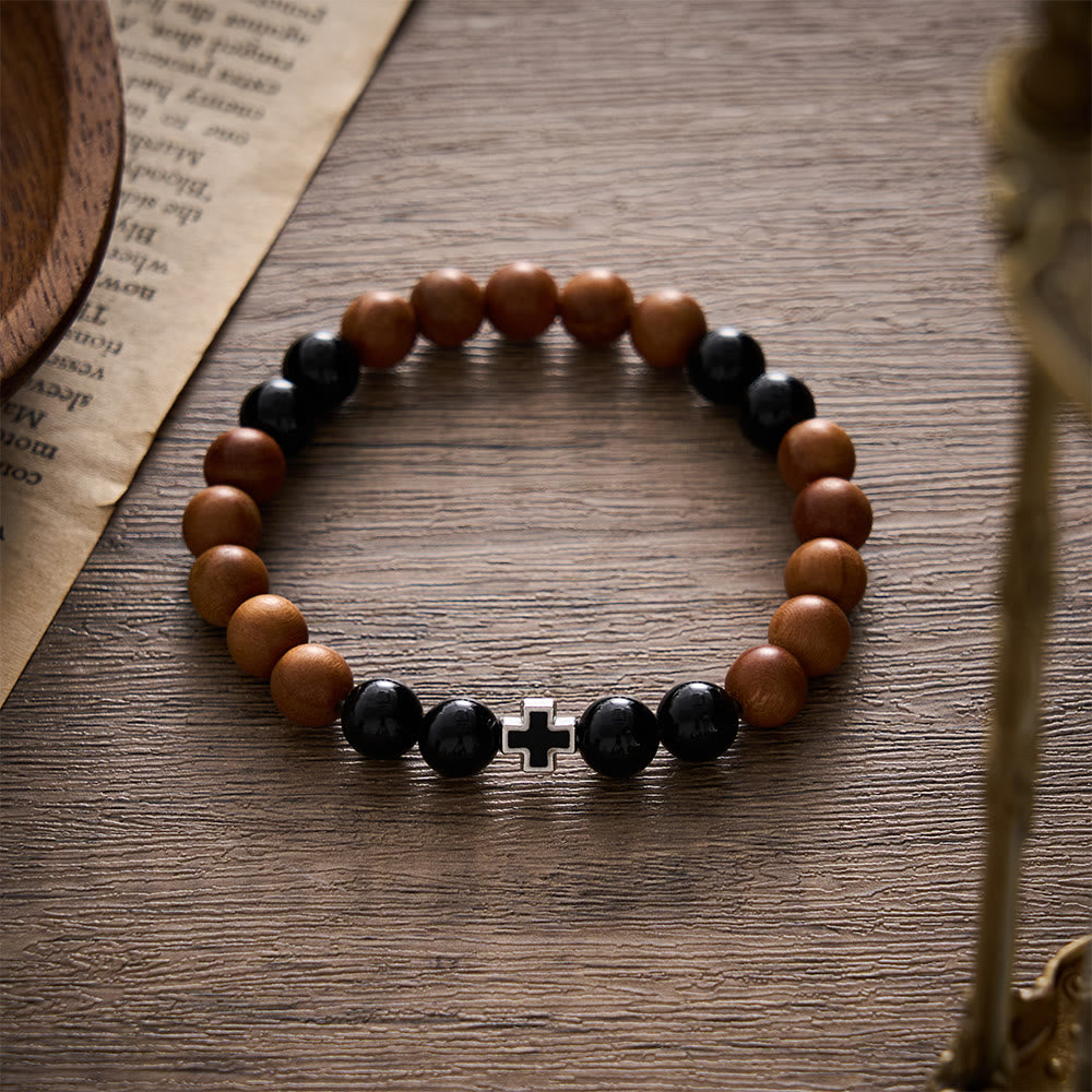 SolaceBeads Peach Wood &amp; Onyx Bracelet: Cross Accent for Steadfast Belief - image 5