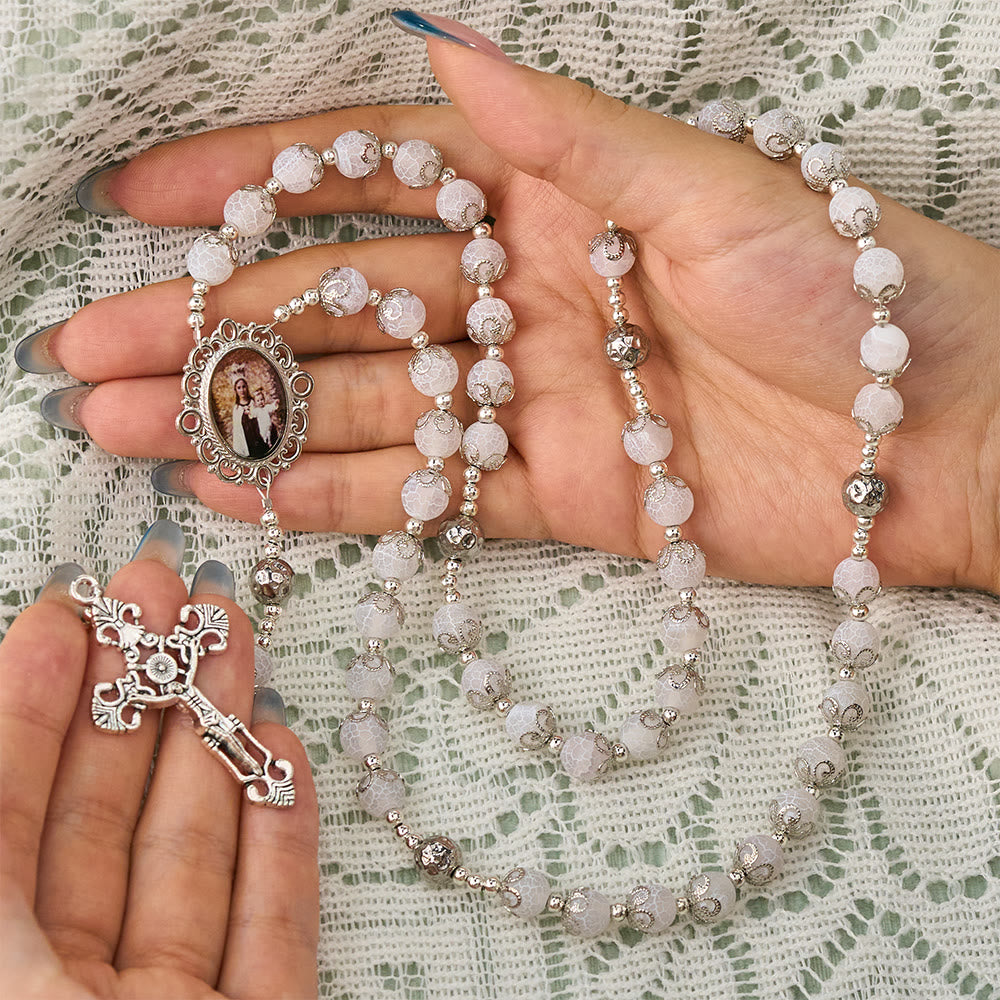 SolaceBeads White Agate Rosary: Mother &amp; Child Medal, Grace in Every Prayer - image 1