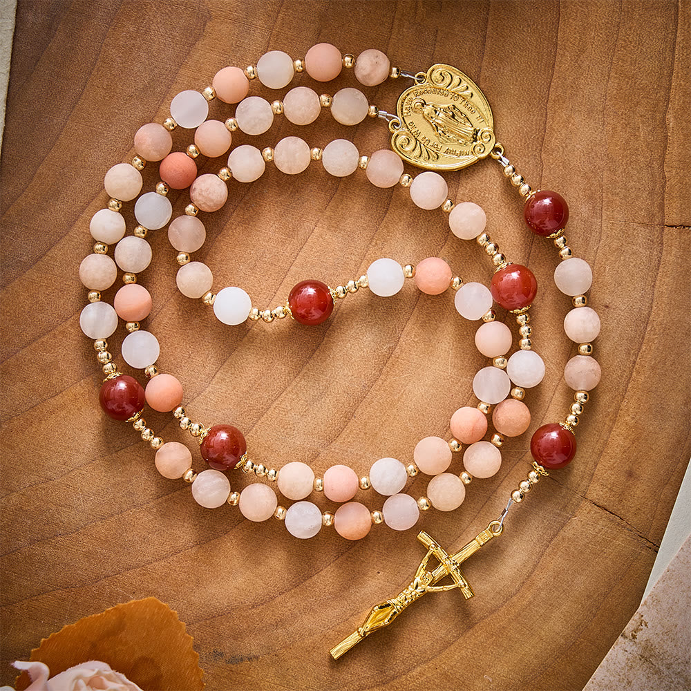 SolaceBeads Pink Aventurine Rosary With Miraculous Medal &amp; Crucifix: Thanksgiving in Autumn Hues - Pink Aventurine - image 0