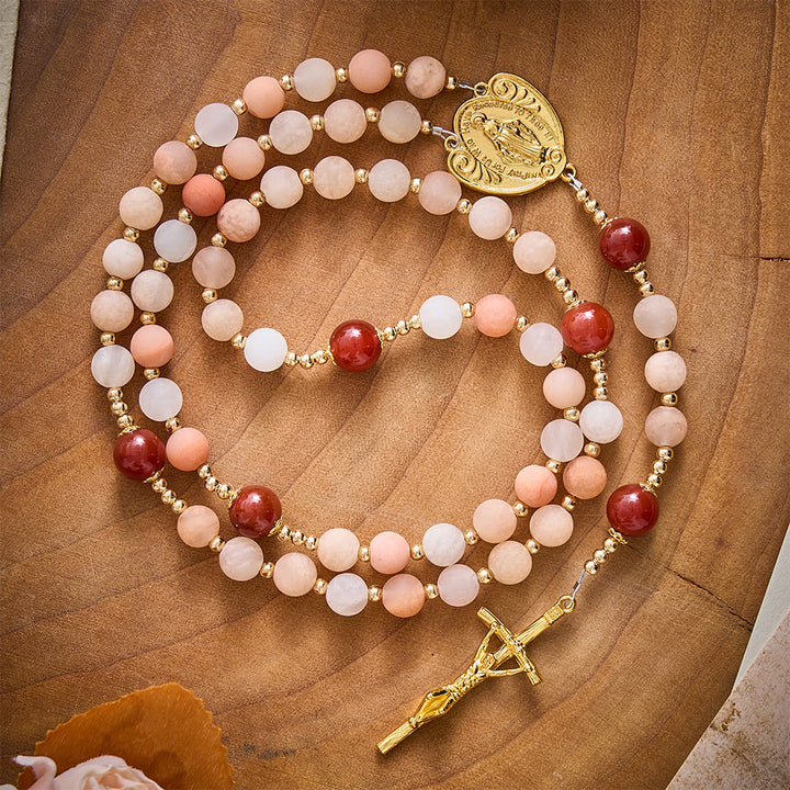 SolaceBeads Pink Aventurine Rosary With Miraculous Medal &amp; Crucifix: Thanksgiving in Autumn Hues - Pink Aventurine - image 0