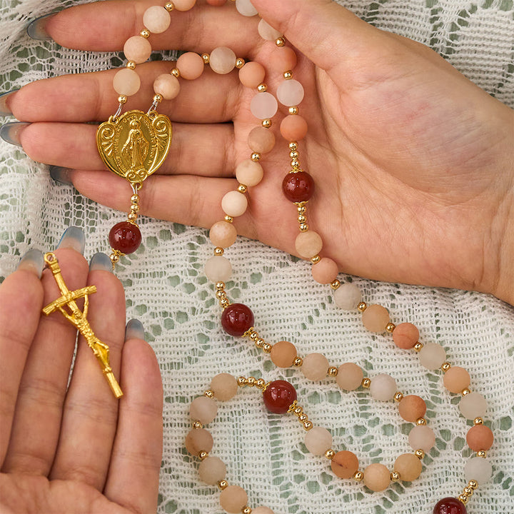 SolaceBeads Pink Aventurine Rosary With Miraculous Medal &amp; Crucifix: Thanksgiving in Autumn Hues - image 1