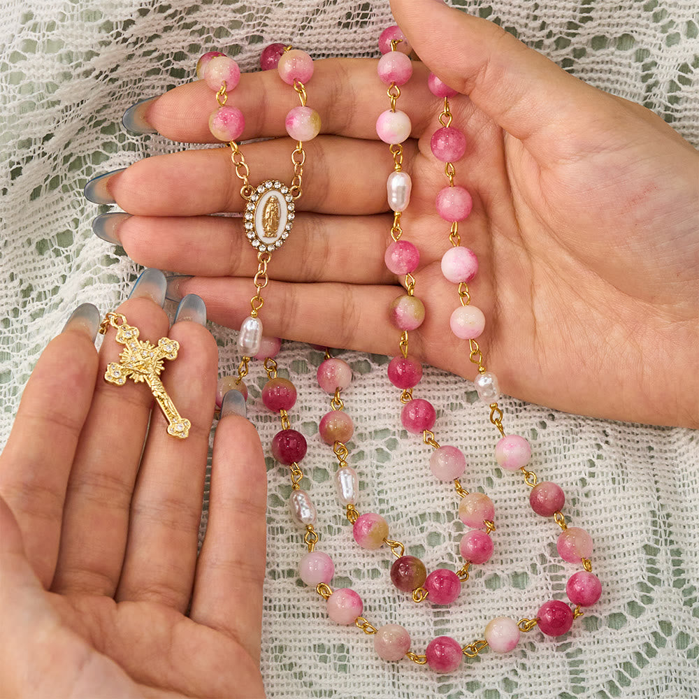 SolaceBeads Watermelon Jade Stone Rosary With Guadalupe Center &amp; Crucifix: Warmth in Harvest Tones - image 1