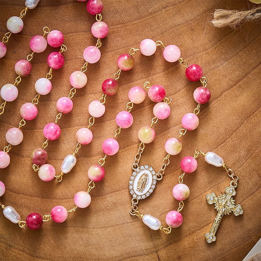 SolaceBeads Watermelon Jade Stone Rosary With Guadalupe Center &amp; Crucifix: Warmth in Harvest Tones - image 5