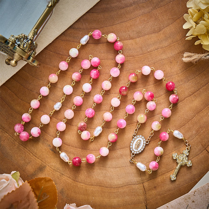SolaceBeads Watermelon Jade Stone Rosary With Guadalupe Center &amp; Crucifix: Warmth in Harvest Tones - Watermelon Jade - image 0
