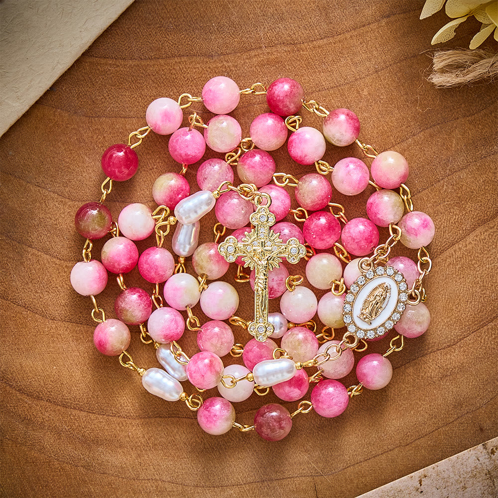 SolaceBeads Watermelon Jade Stone Rosary With Guadalupe Center &amp; Crucifix: Warmth in Harvest Tones - image 6
