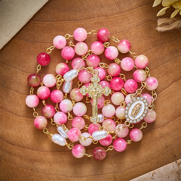 SolaceBeads Watermelon Jade Stone Rosary With Guadalupe Center &amp; Crucifix: Warmth in Harvest Tones - image 6