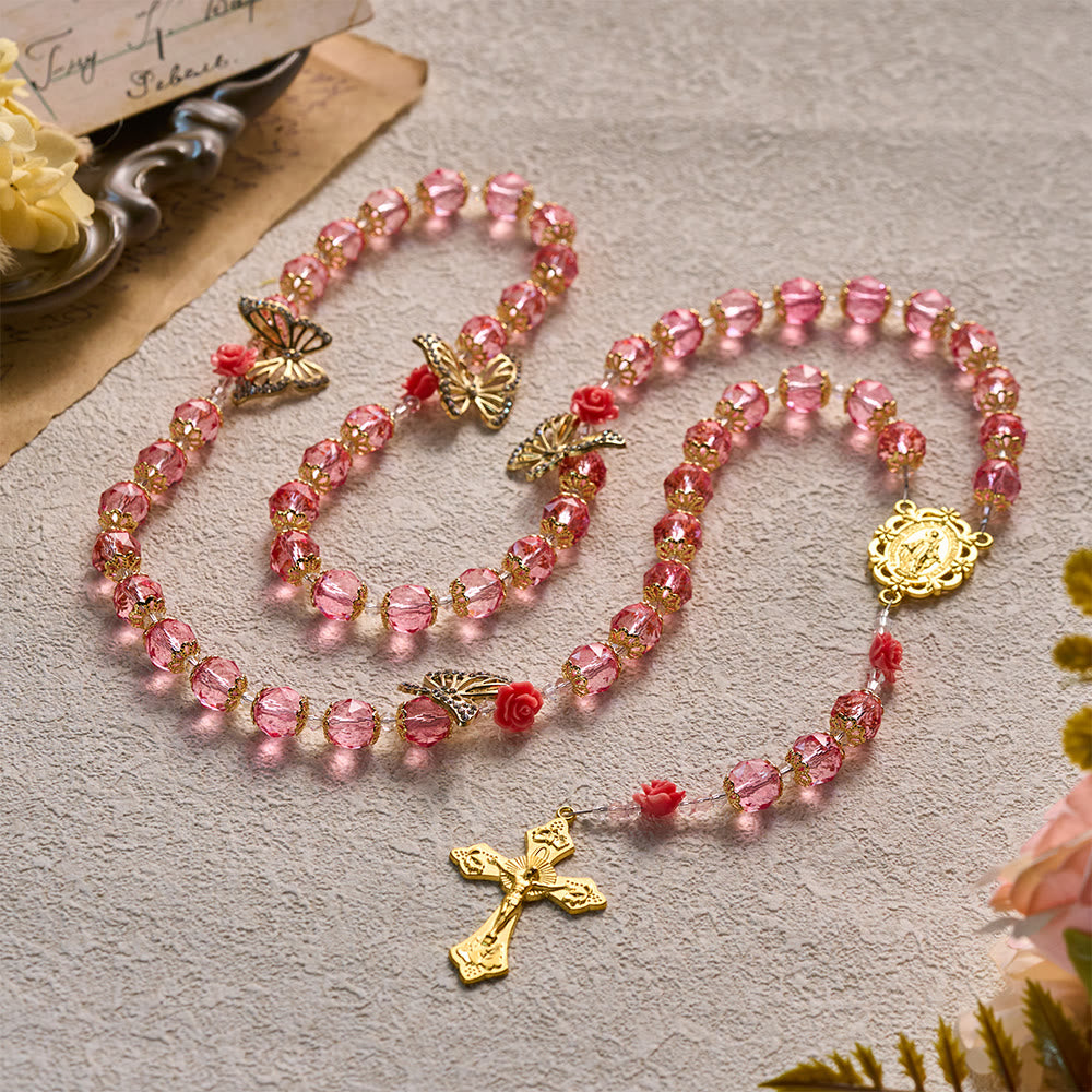 SolaceBeads Pink Crystal Rosary With Miraculous Medal &amp; Crucifix: Grace in Floral Butterfly Charm - image 8