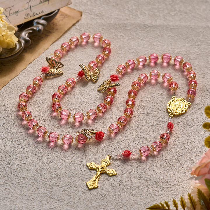 SolaceBeads Pink Crystal Rosary With Miraculous Medal &amp; Crucifix: Grace in Floral Butterfly Charm - image 8