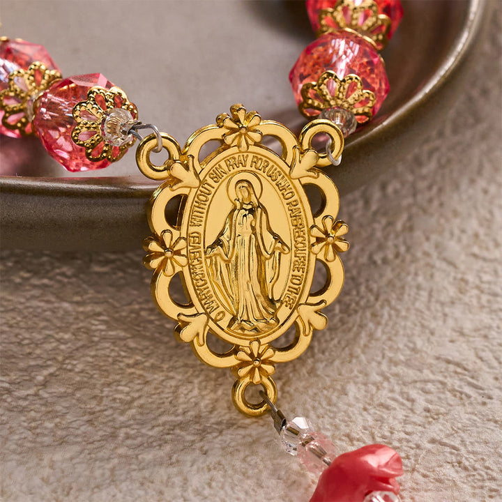 SolaceBeads Pink Crystal Rosary With Miraculous Medal &amp; Crucifix: Grace in Floral Butterfly Charm - image 3