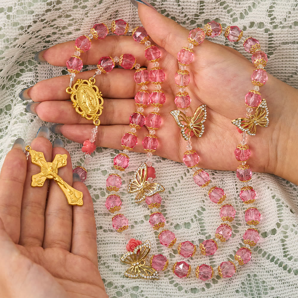 SolaceBeads Pink Crystal Rosary With Miraculous Medal &amp; Crucifix: Grace in Floral Butterfly Charm - image 1