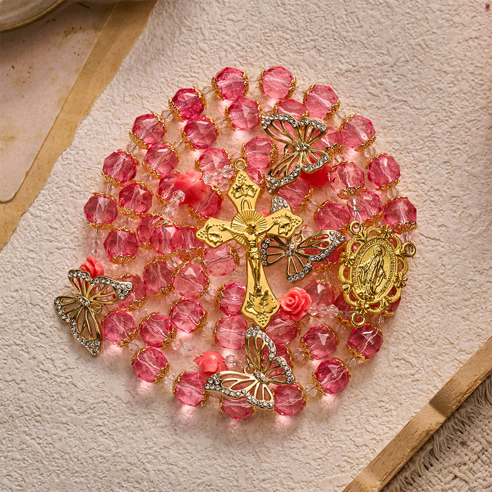 SolaceBeads Pink Crystal Rosary With Miraculous Medal &amp; Crucifix: Grace in Floral Butterfly Charm - image 5