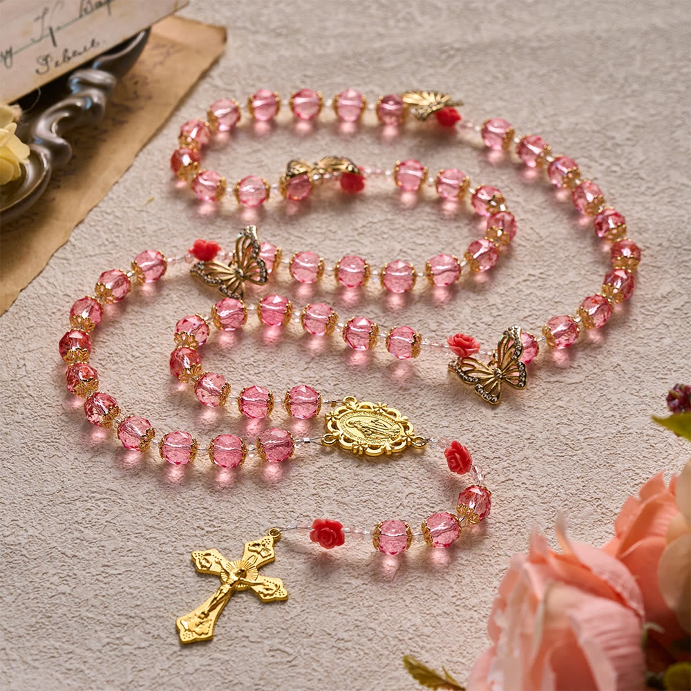 SolaceBeads Pink Crystal Rosary With Miraculous Medal &amp; Crucifix: Grace in Floral Butterfly Charm - Pink - image 0