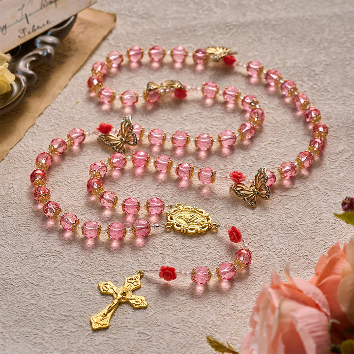 SolaceBeads Pink Crystal Rosary With Miraculous Medal &amp; Crucifix: Grace in Floral Butterfly Charm - Pink - image 0