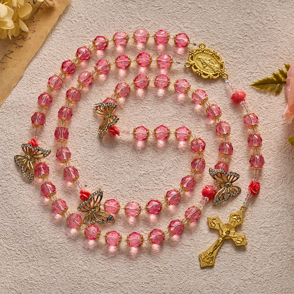 SolaceBeads Pink Crystal Rosary With Miraculous Medal &amp; Crucifix: Grace in Floral Butterfly Charm - image 7