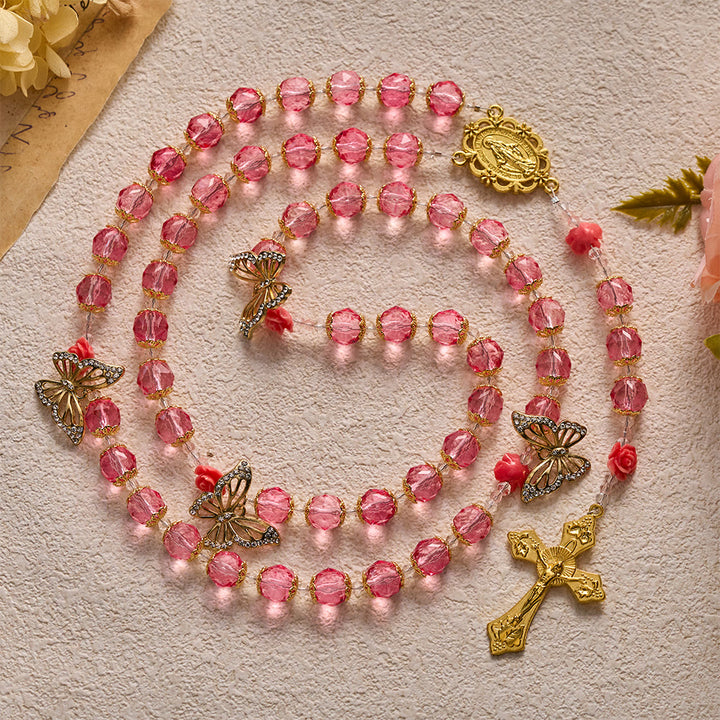 SolaceBeads Pink Crystal Rosary With Miraculous Medal &amp; Crucifix: Grace in Floral Butterfly Charm - image 7