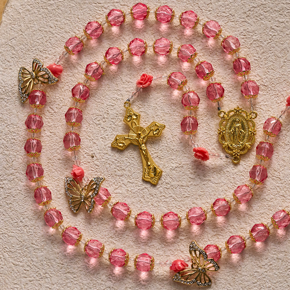 SolaceBeads Pink Crystal Rosary With Miraculous Medal &amp; Crucifix: Grace in Floral Butterfly Charm - image 6