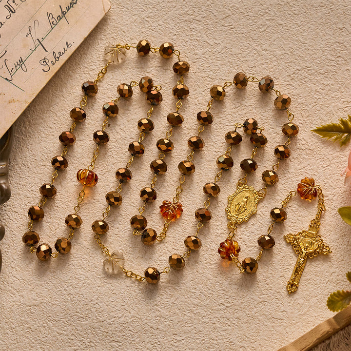 SolaceBeads Bronze Maple Crystal Rosary With Miraculous Medal &amp; Crucifix: Warmth in Autumn Maple - Bronze - image 0