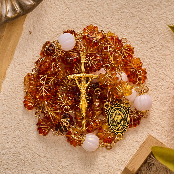 SolaceBeads Maple Leaf Rosary With Miraculous Medal &amp; Crucifix: Grace in Golden Autumn Foliage - image 6