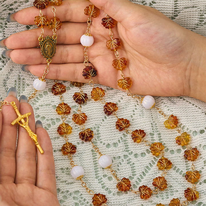 SolaceBeads Maple Leaf Rosary With Miraculous Medal &amp; Crucifix: Grace in Golden Autumn Foliage - image 1