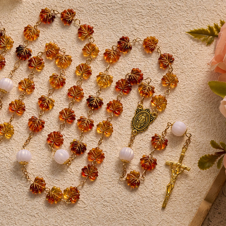 SolaceBeads Maple Leaf Rosary With Miraculous Medal &amp; Crucifix: Grace in Golden Autumn Foliage - image 5