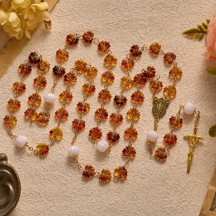 SolaceBeads Maple Leaf Rosary With Miraculous Medal &amp; Crucifix: Grace in Golden Autumn Foliage - Brown - image 0