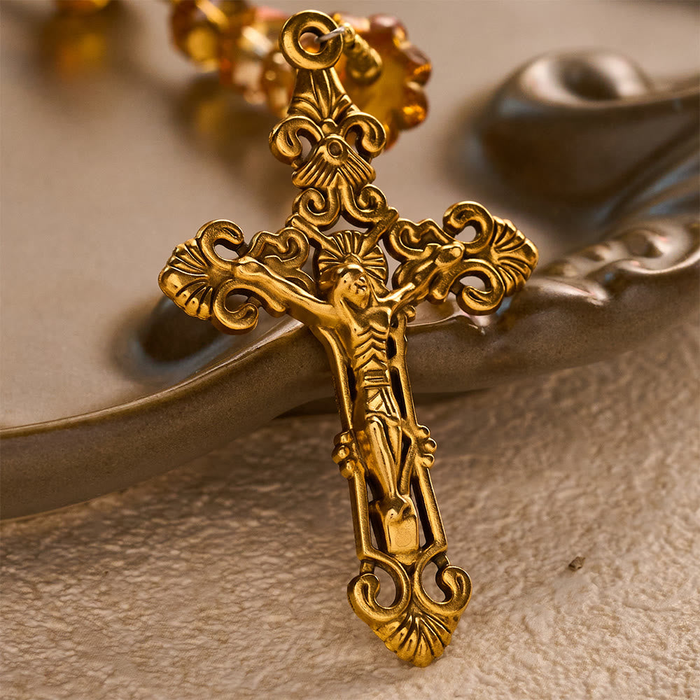 SolaceBeads Golden Brown Crystal Rosary With Miraculous Medal, Crucifix: Glory in Autumn Amber Light - image 4