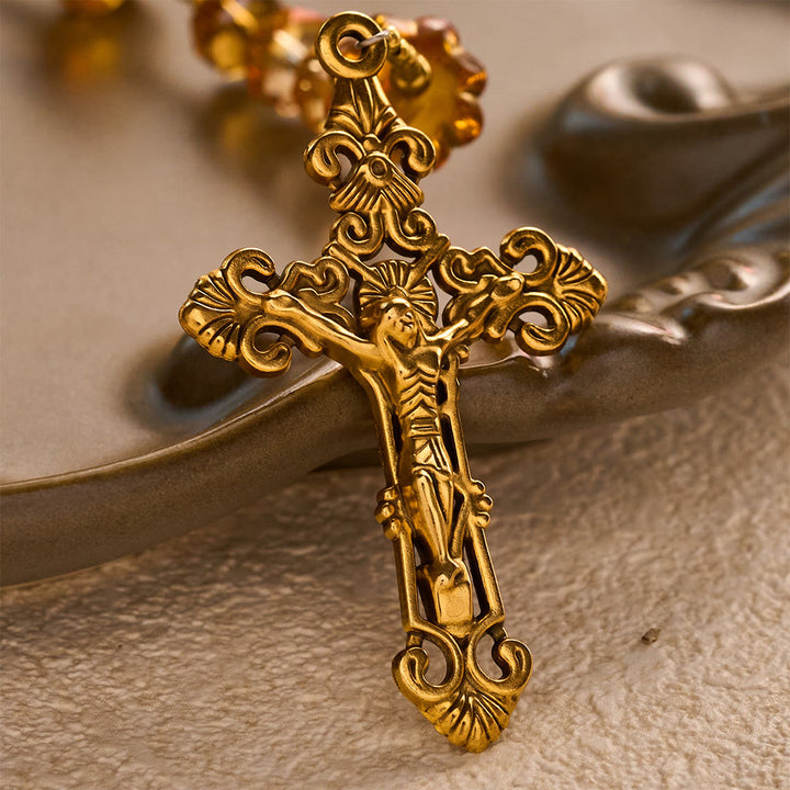 SolaceBeads Golden Brown Crystal Rosary With Miraculous Medal, Crucifix: Glory in Autumn Amber Light - image 4