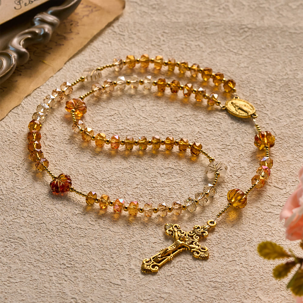 SolaceBeads Golden Brown Crystal Rosary With Miraculous Medal, Crucifix: Glory in Autumn Amber Light - Brown - image 0