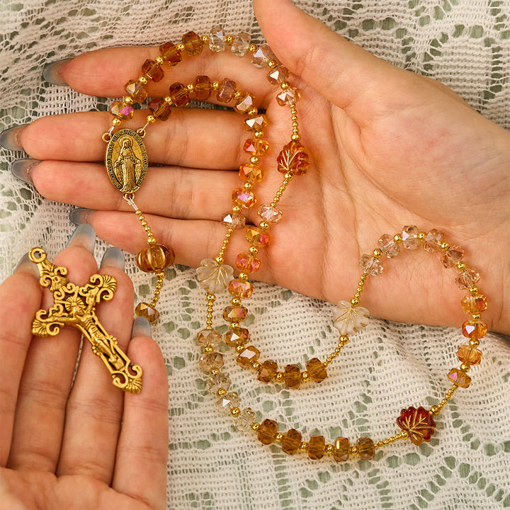 SolaceBeads Golden Brown Crystal Rosary With Miraculous Medal, Crucifix: Glory in Autumn Amber Light - image 1