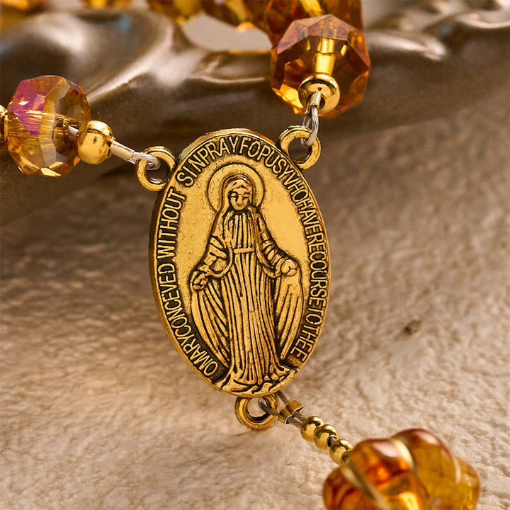 SolaceBeads Golden Brown Crystal Rosary With Miraculous Medal, Crucifix: Glory in Autumn Amber Light - image 3